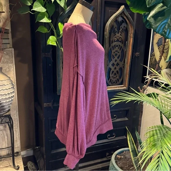 Free People deep earthy burgundy mauve. Oversized ribbed boat neck pull over. - Picture 8 of 15
